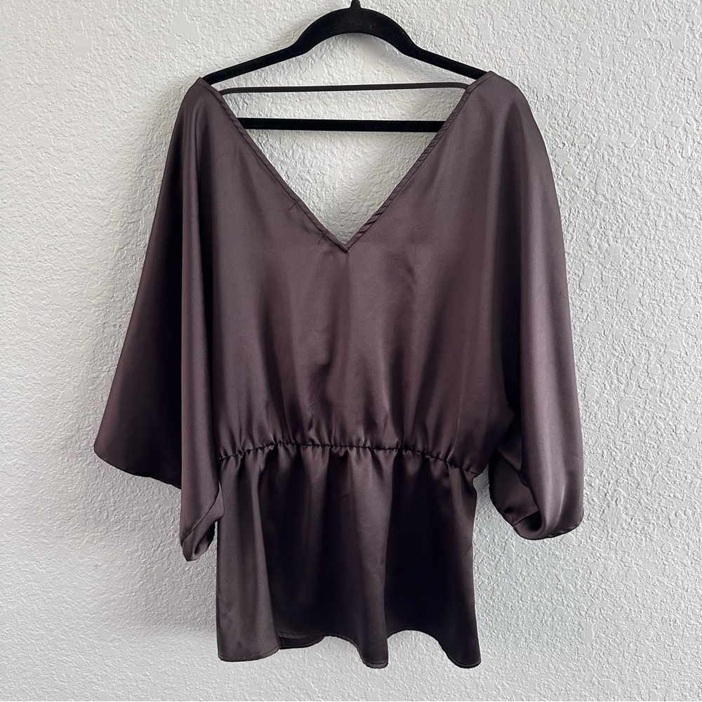 Pleione Chocolate Brown Satin Front Twist Blouse XL V Neck Dolman Sleeve - Picture 7 of 12